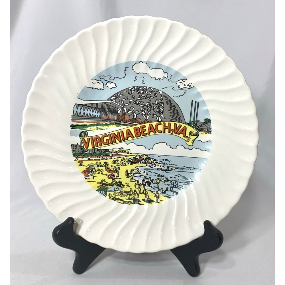 Virginia Beach Souvenir Plate Ceramic Vintage Ivory Swirl 9.25" The Dome Concert